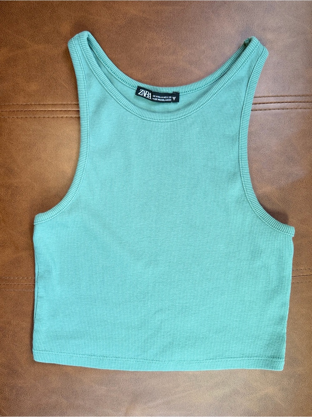 Zara Ribbed Cropped Tank Top Womens Size M Green Sleeveless Stretch Casual